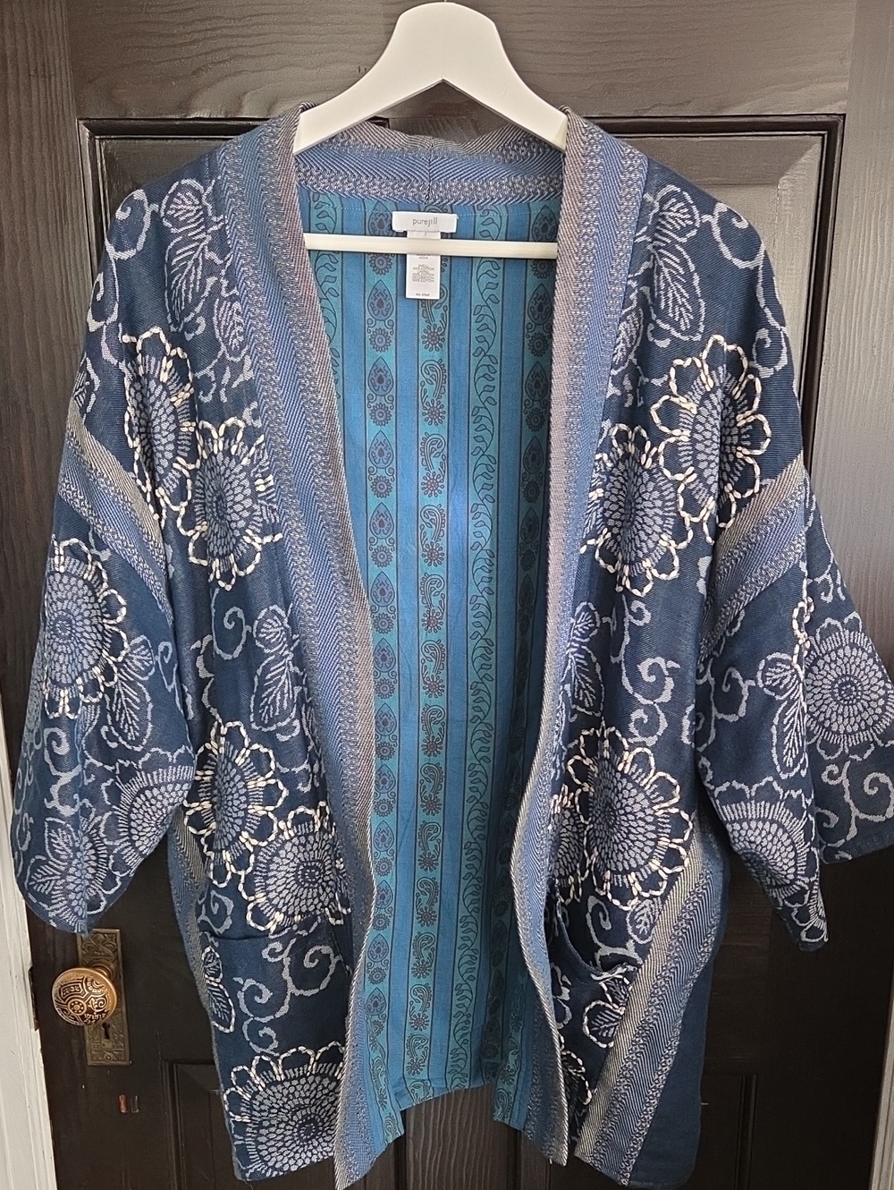 J. Jill Navy and Light Blue Floral Open-Front Kimono Cardigan